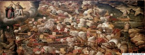 The battle of Lepanto, 1571, by unknown artist. Venetian school, 16th century. Museo Correr, Venice Italy. (Photo by: Leemage/UIG via Getty Images)