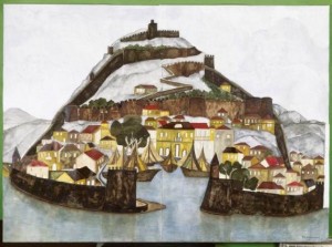 Lepanto - Stadt und Felsen. 1979, Mischtechnik auf Bütten, 102x140cm, Pinakothek AthenImage Lepanto – Stadt und Felsen. 1979, Mischtechnik auf Bütten, 102x140cm, Pinakothek AthenImage