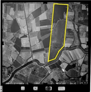 Αεροφωτογραφία της περιοχής. Με το κίτρινο χρώμα η δημόσια έκταση που προτείνεται για το Επιχειρηματικό Πάρκο (κλικ για μεγέθυνση)