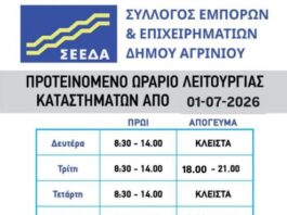 Ανοικτά όλα τα Σάββατα του καλοκαιριού προτείνει ο Σύλλογος Εμπόρων και Επιχειρηματιών του Δήμου Αγρινίου