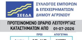 Ανοικτά όλα τα Σάββατα του καλοκαιριού προτείνει ο Σύλλογος Εμπόρων και Επιχειρηματιών του Δήμου Αγρινίου